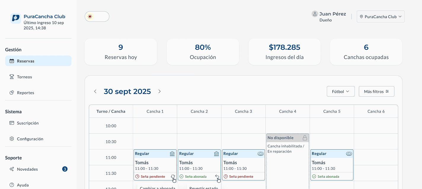 Pantalla de gestión de reservas en Pura Cancha