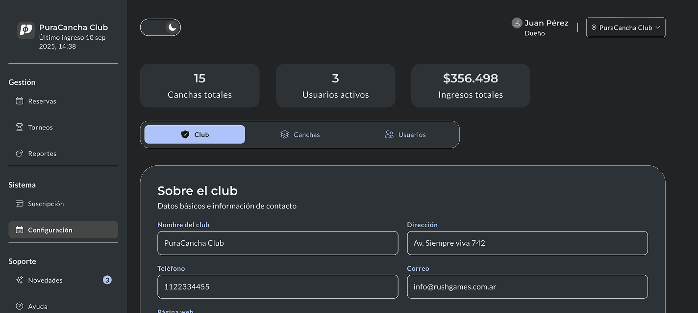 Panel de configuración del club de Pura Cancha